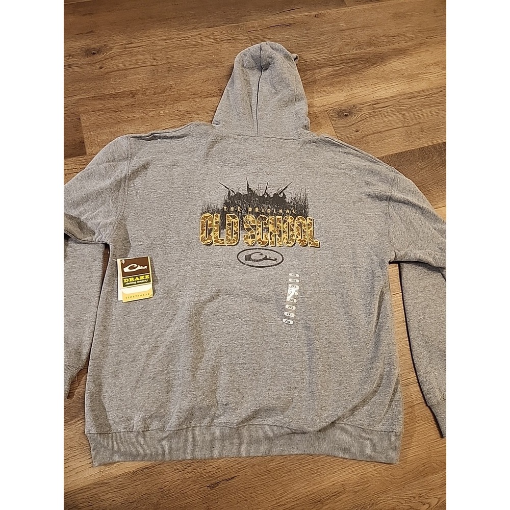Drake Old School Hoodie Mens 2XL Fleece Pullover Gray Hunting Duck Graphic NEW